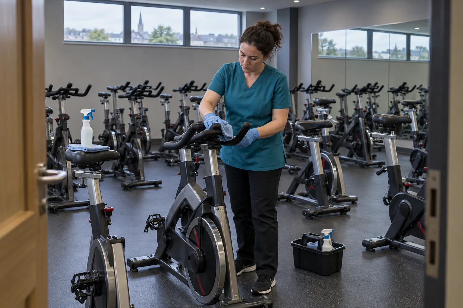 A cleaner wiping the handlebars of a spin bike in an empty cycling studio, a spray bottle and cloth resting on the next saddle.