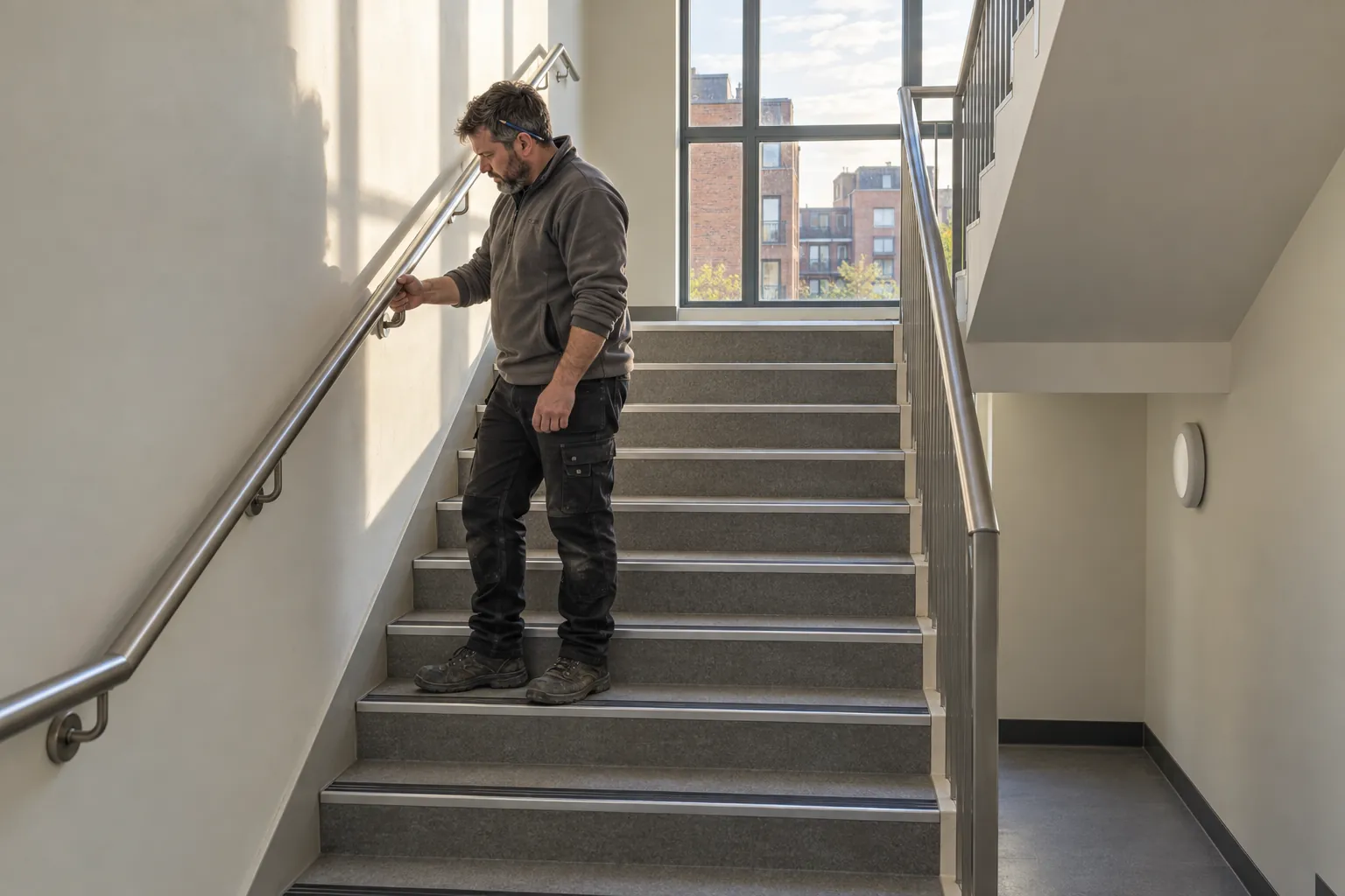 A caretaker testing a handrail on an apartment block stair, sunlight falling down the steps from the landing window.