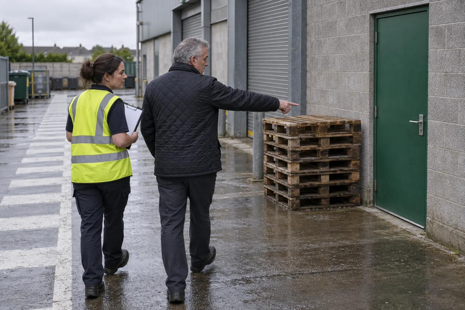 A facilities manager and a safety representative with a clipboard looking at pallets beside a fire exit door in a shopping centre service yard.