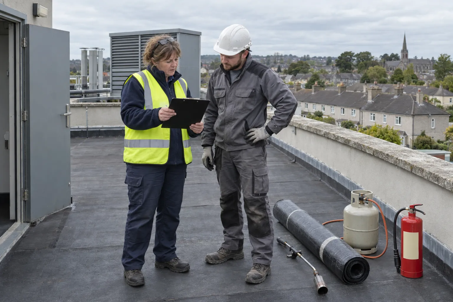 A facilities manager and a roofer going through a form on a clipboard on a flat roof, with an unlit gas torch, a felt roll and a fire extinguisher beside them.