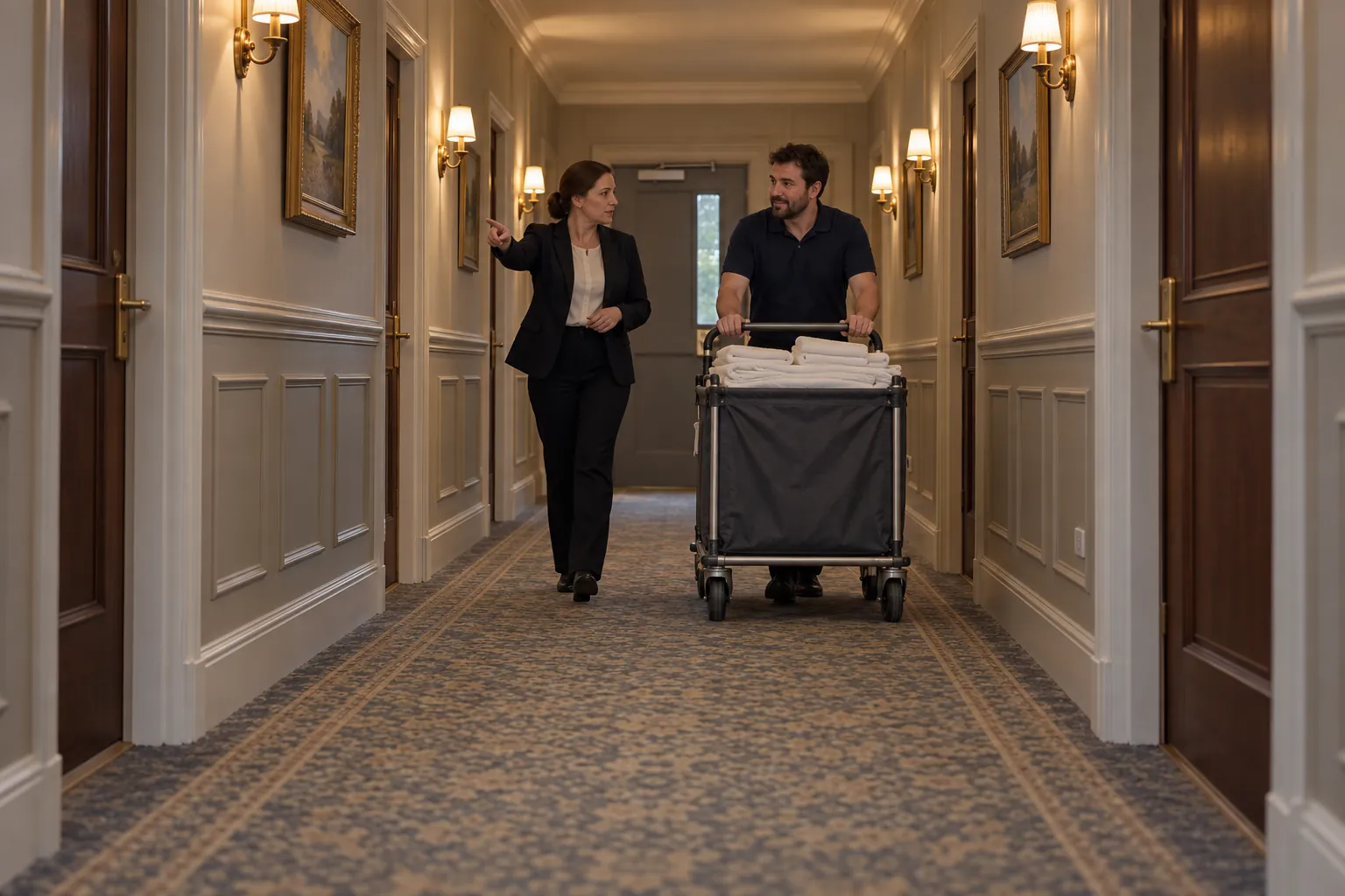 A supervisor and a porter pushing a laundry trolley along a carpeted hotel corridor lined with bedroom doors.