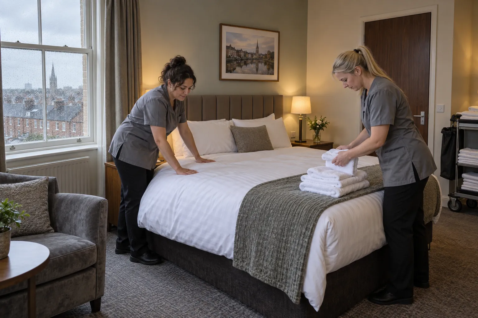Two room attendants in grey tunics making up a double bed with white linen in a hotel bedroom, a linen trolley in the doorway.