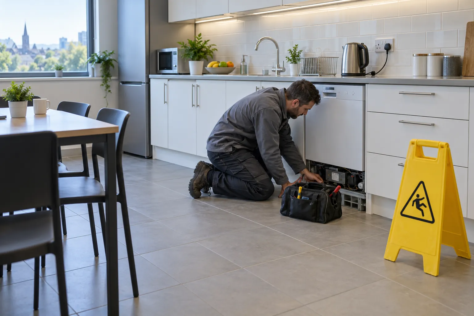 A maintenance technician kneeling to inspect the base of a dishwasher in an office staff kitchen, with a wet-floor sign standing nearby.