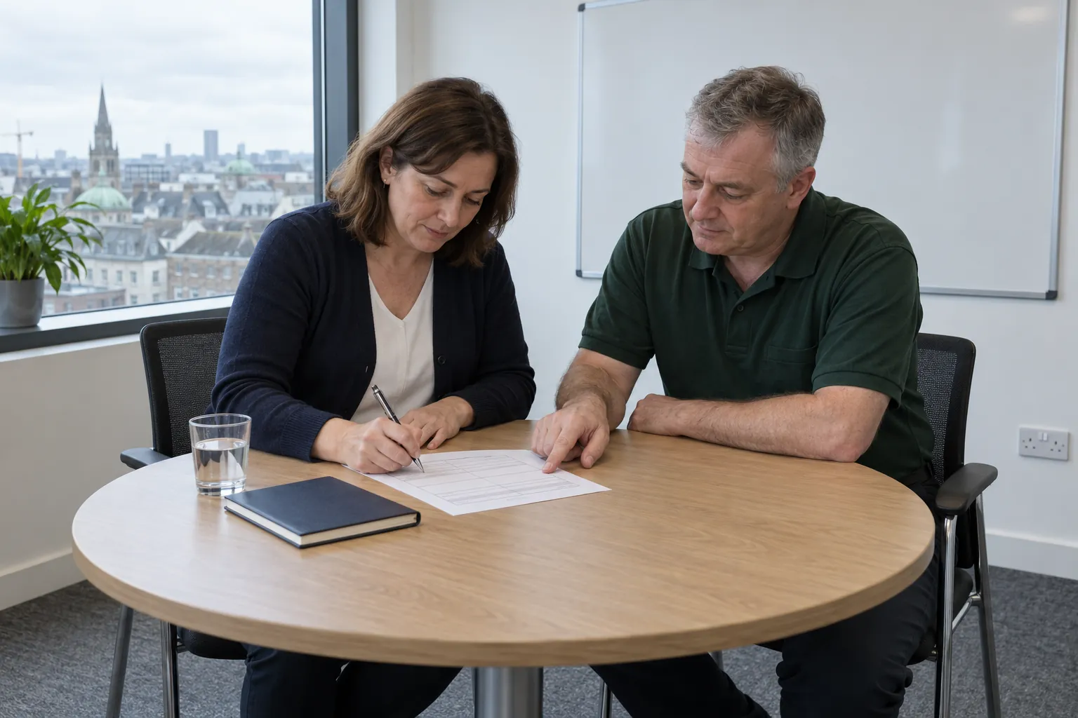 A facilities manager writing on a printed form at a meeting table while a cleaning supervisor beside her points to a line on the page.