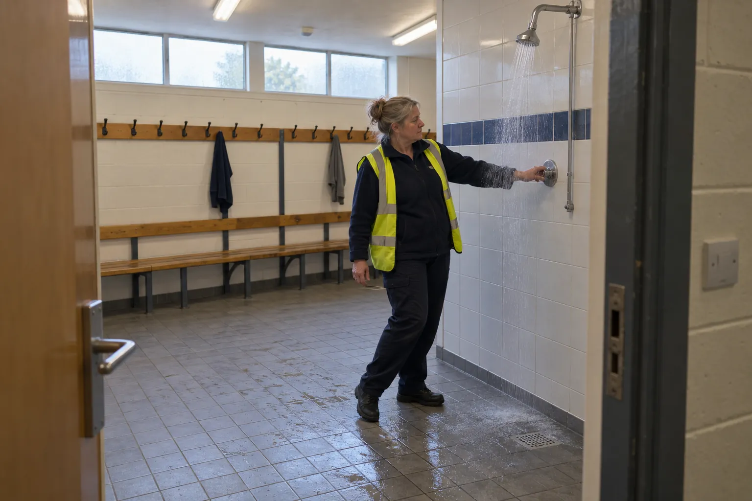 A caretaker running a shower in an empty school changing room, standing back from the water, with benches and coat hooks behind her.