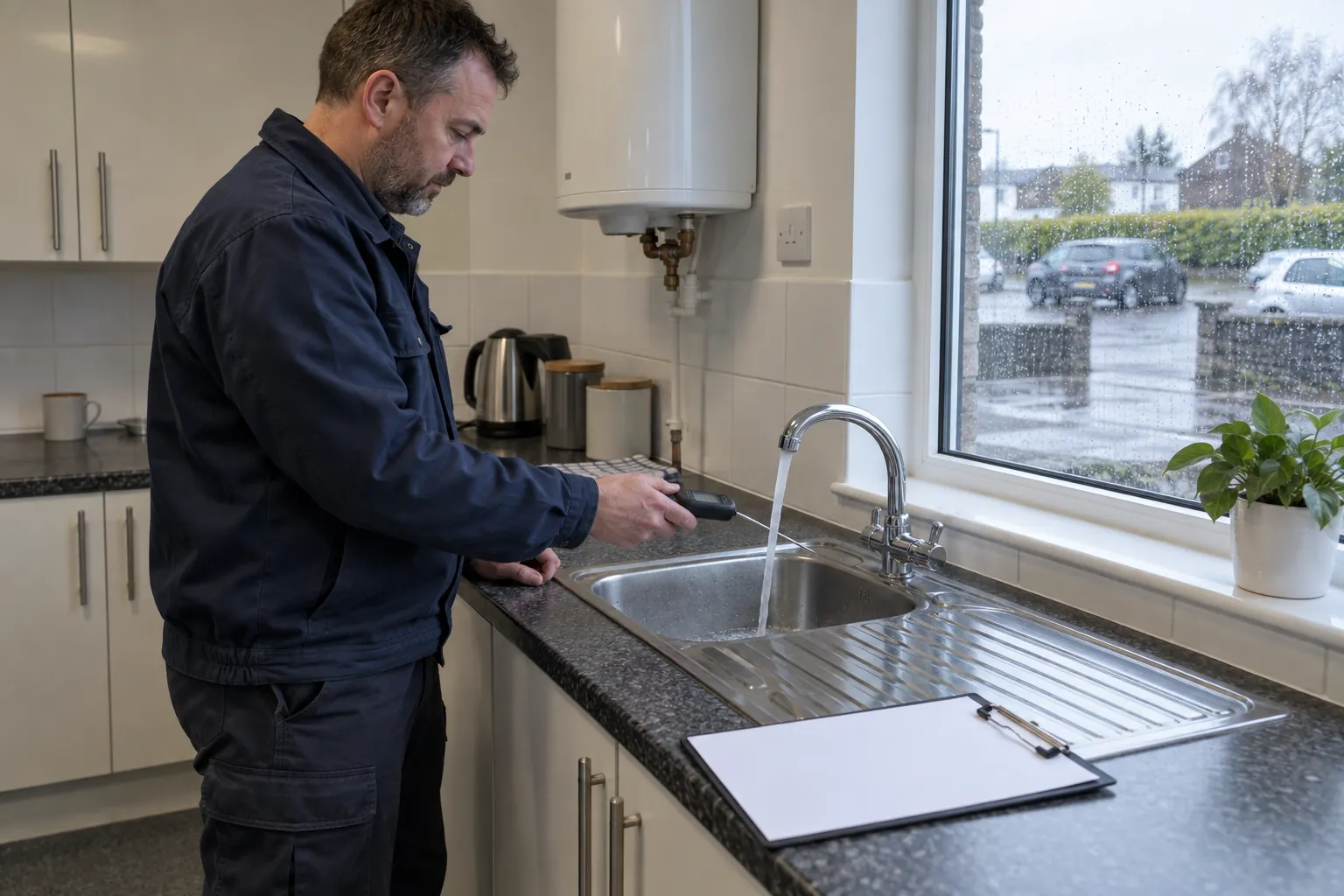 A maintenance operative holding a probe thermometer under a running tap in an office kitchenette, a clipboard on the worktop beside him.