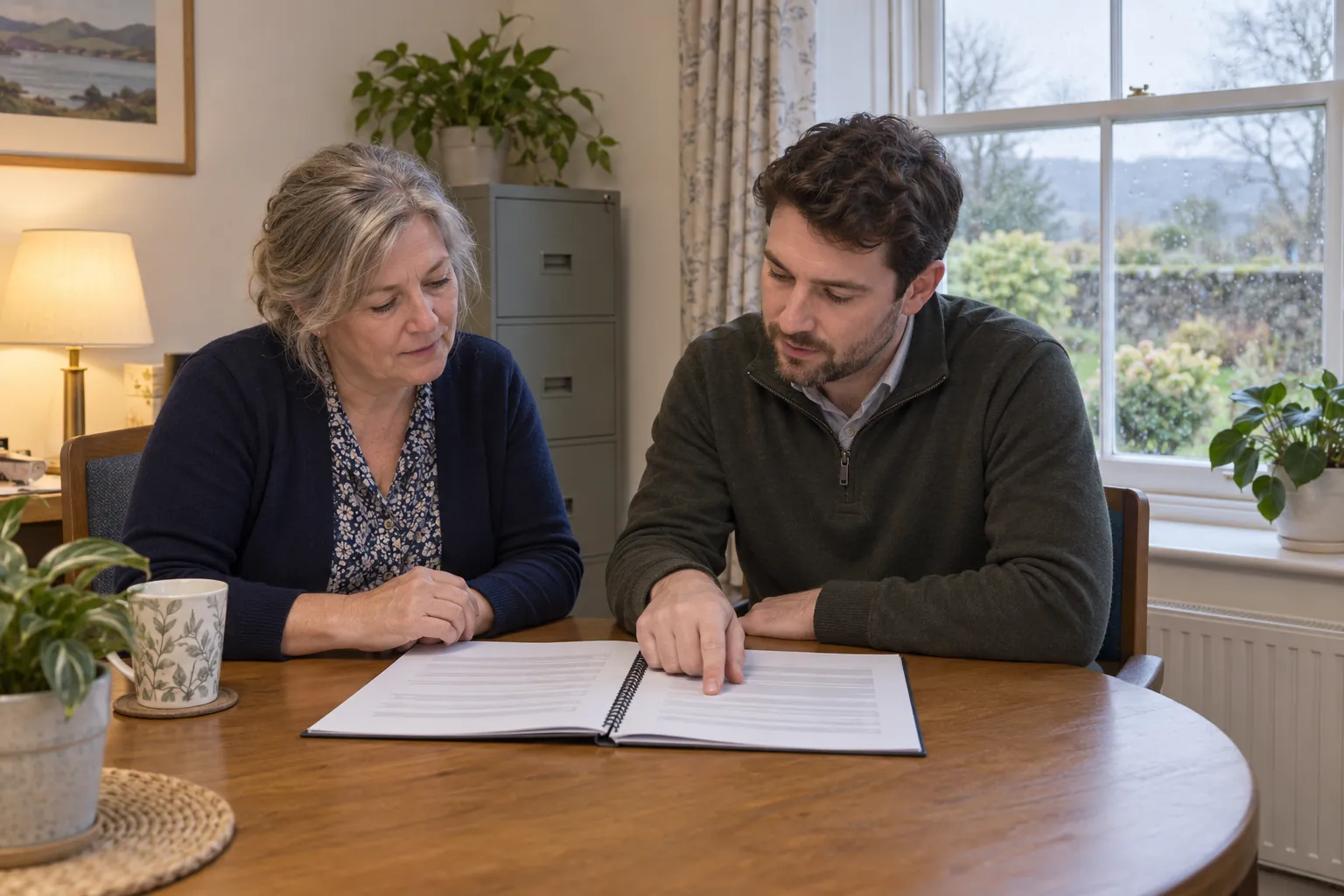A nursing home manager and a visiting assessor going through a bound report on a table in a small office, rain on the window behind them.