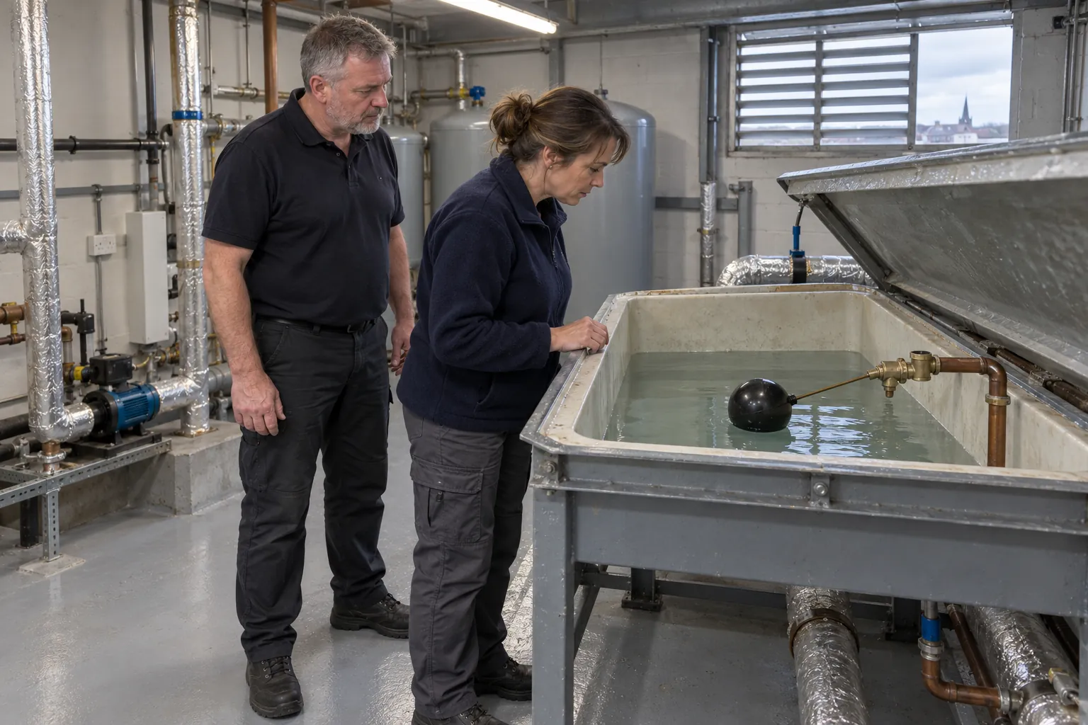 A water hygiene assessor looking into an open cold water storage tank in a hotel plant room while the maintenance manager watches beside her.