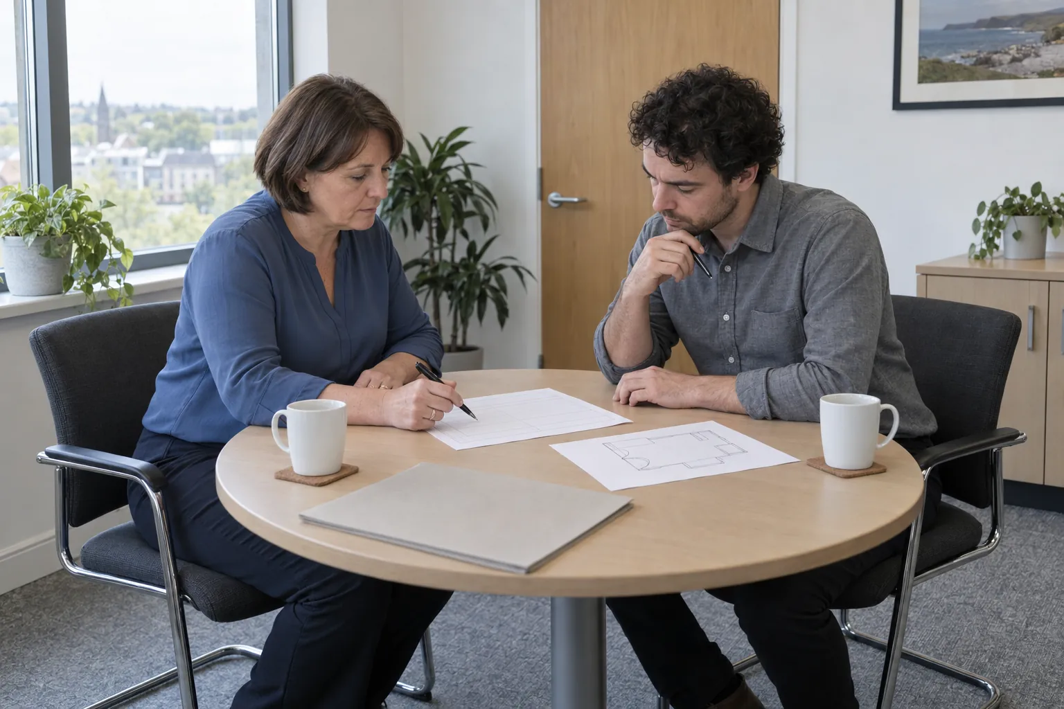 Two colleagues reviewing an incident record and simple sketch at a meeting table.
