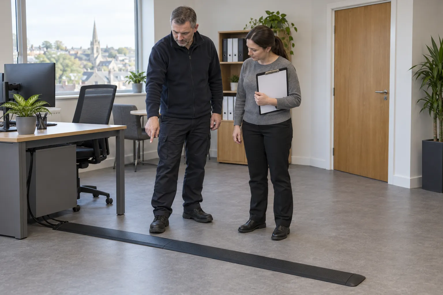 Two facilities staff checking a cable cover and recording an observation in an office.