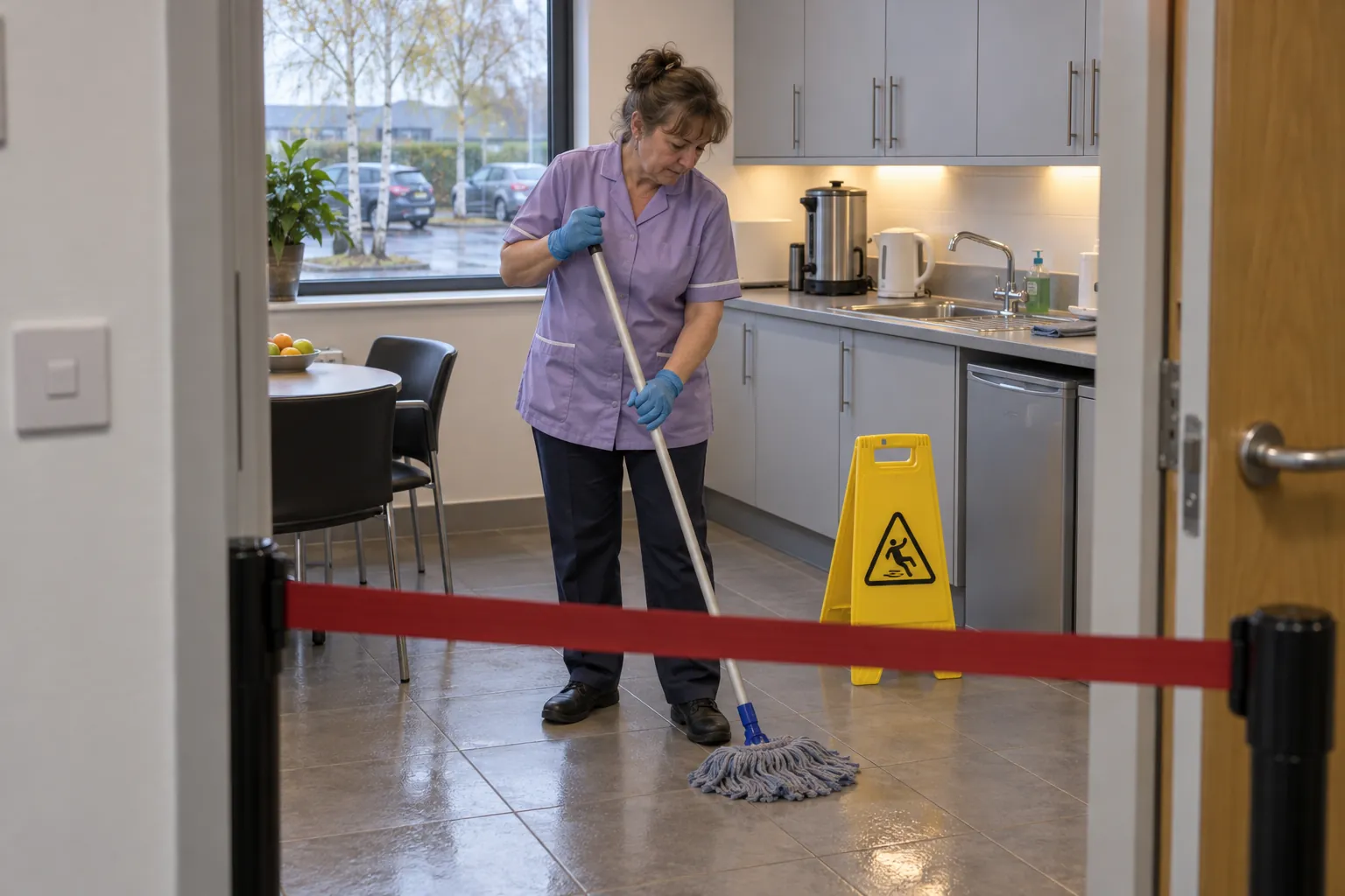 A cleaner mopping an office kitchen floor, a wet floor sign and cordon post across the doorway in front of her.