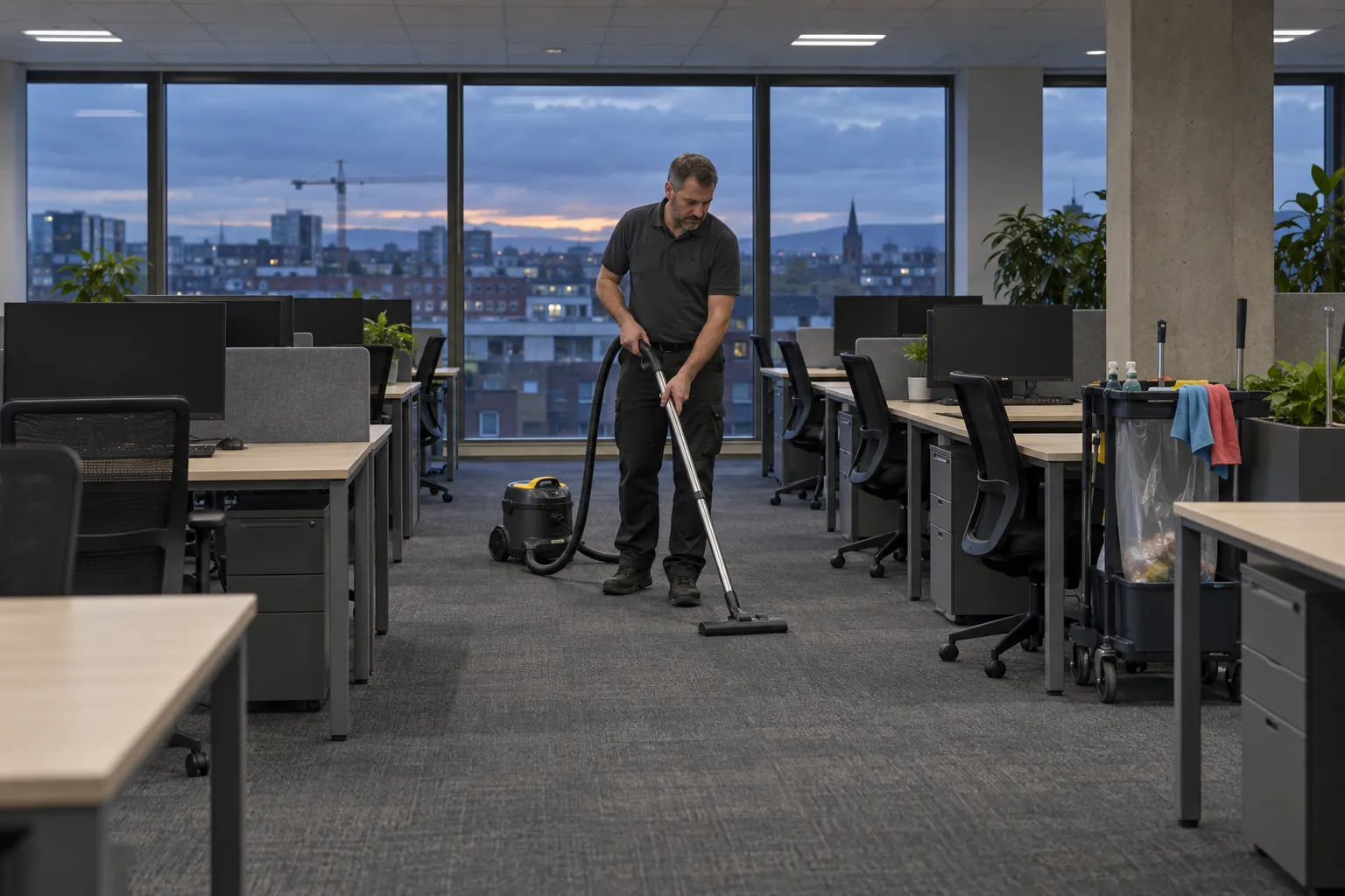 A cleaner vacuuming the carpet between rows of empty desks on an office floor at dusk, a cleaning trolley parked by a pillar.
