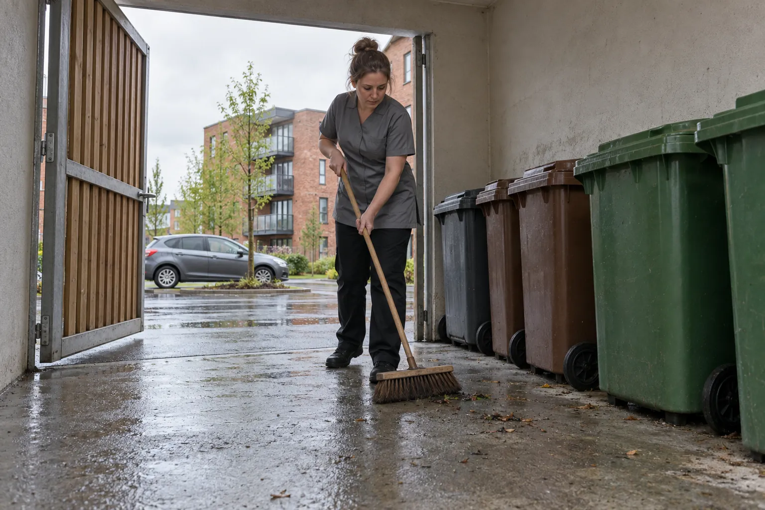 A cleaner sweeping the bin store of an apartment development beside a row of wheelie bins.