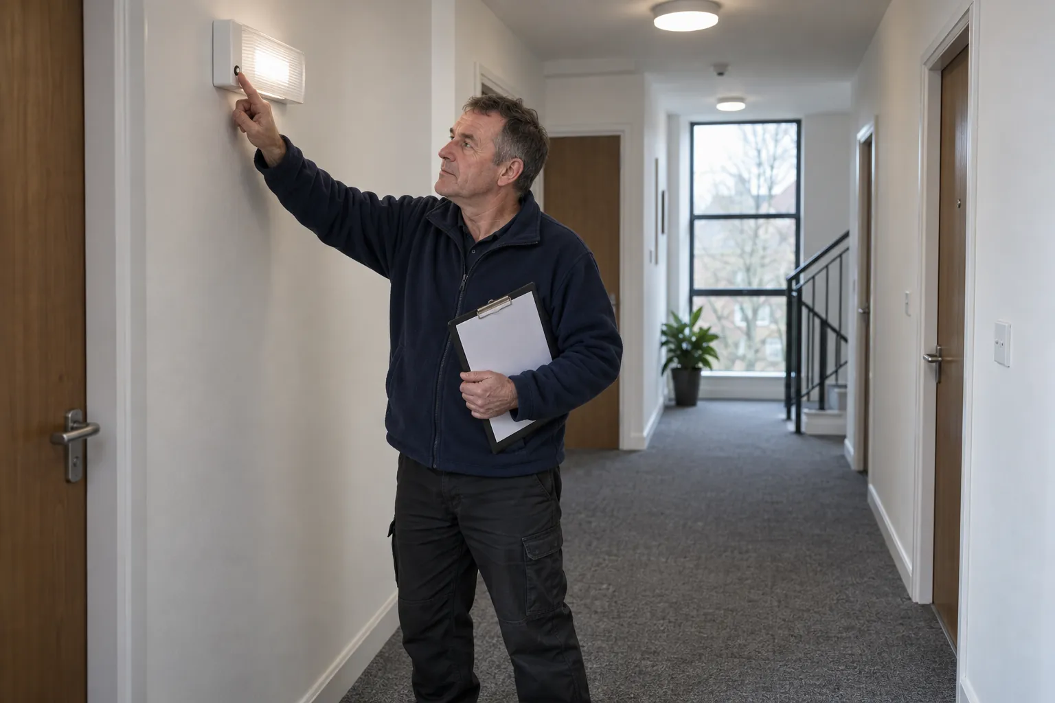 A caretaker testing an emergency light in the common corridor of an apartment block.
