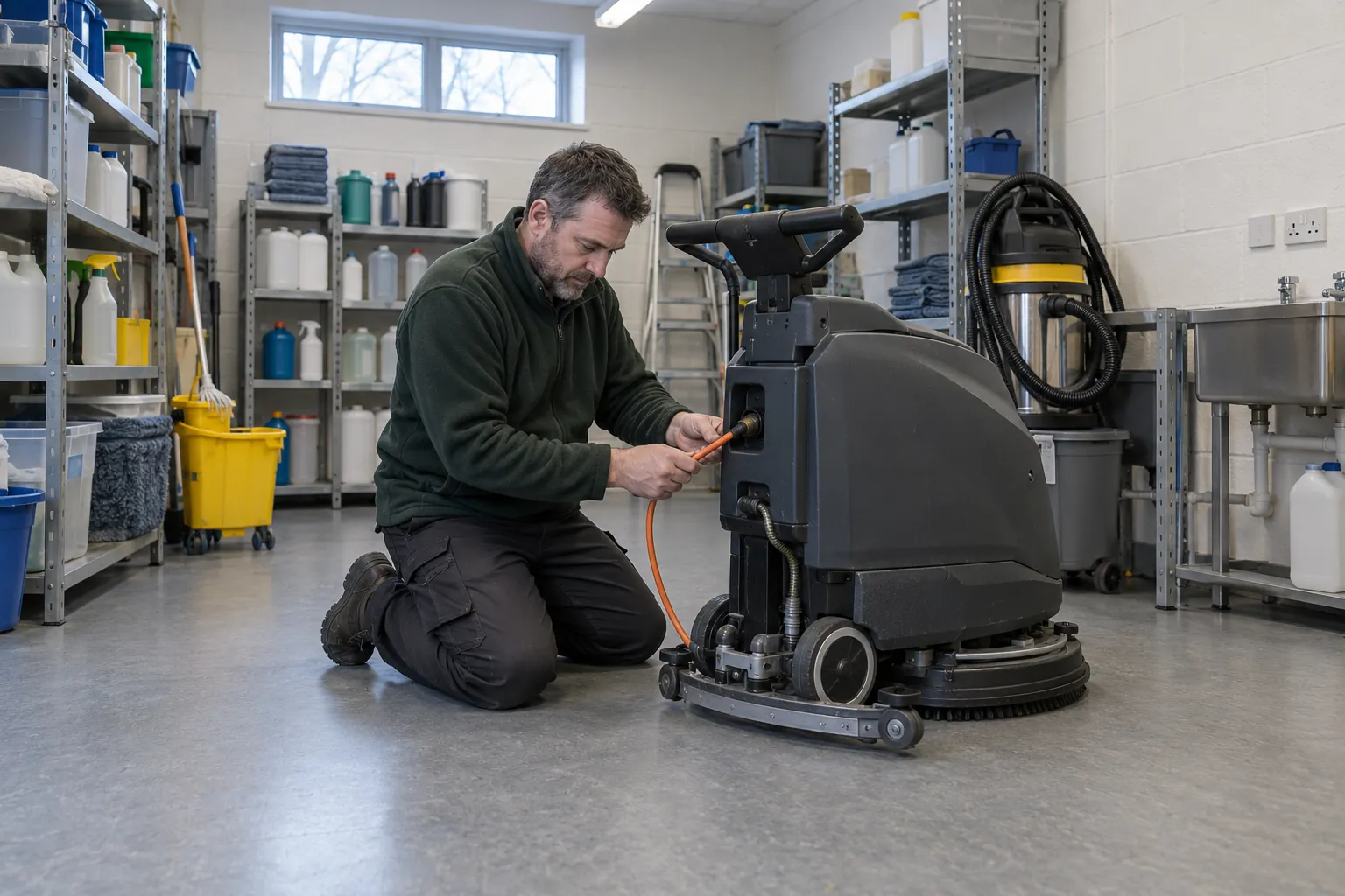 A school caretaker kneeling beside a floor scrubber in a cleaners' store, checking its lead with both hands.
