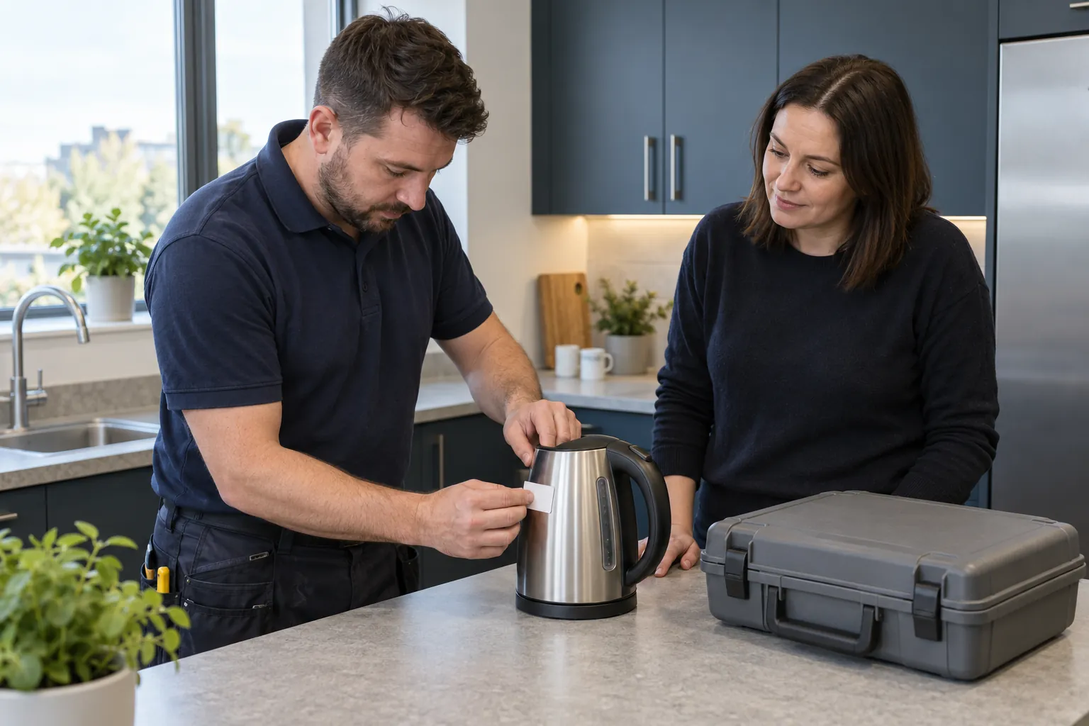 An electrician labelling a kettle after testing it, watched by a facilities manager in an office kitchen.