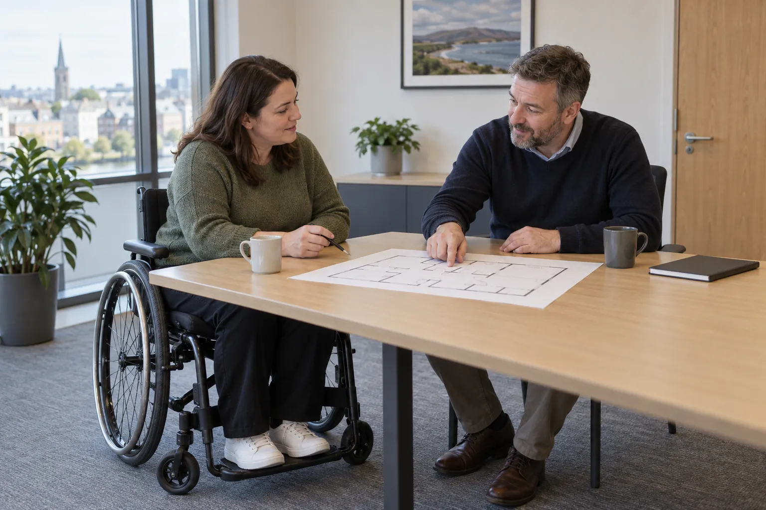 A wheelchair user and facilities coordinator discussing a workplace floorplan at a table.