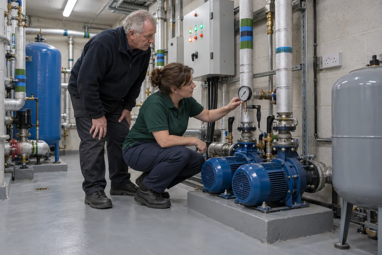 A maintenance technician crouching beside booster pumps to read a pressure gauge while a caretaker looks on in a pump room.