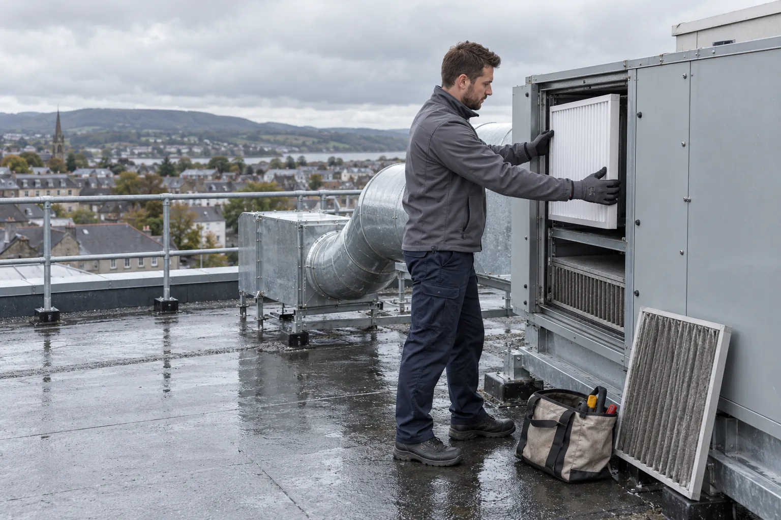 An engineer on an office roof sliding a new filter into an open air handling unit, used filter leaning beside him.