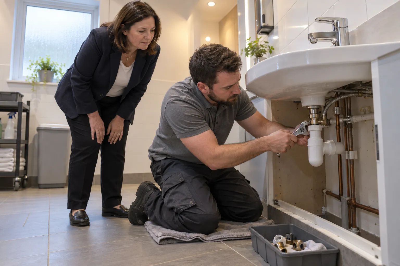 A plumber kneeling to tighten a pipe fitting under a washbasin in a hotel staff washroom while a supervisor watches.
