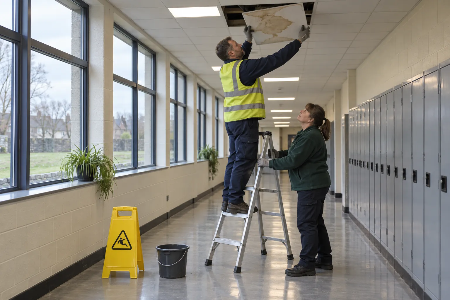 A maintenance technician on a stepladder lifting out a water-stained ceiling tile in a school corridor while a caretaker steadies the ladder.