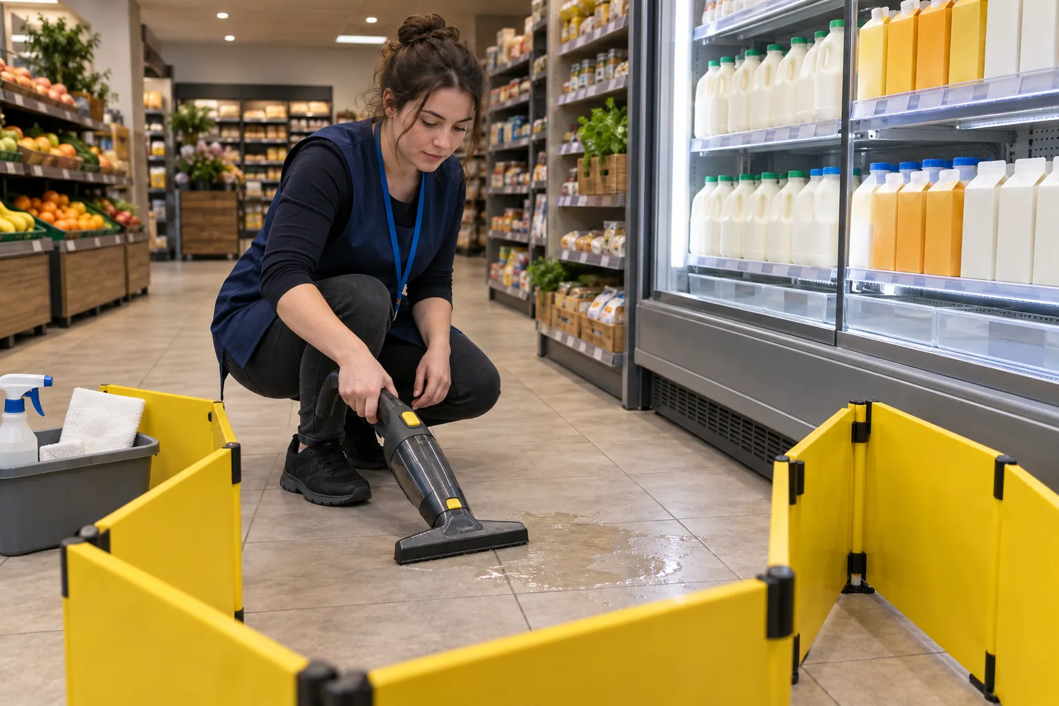 A shop assistant cleaning a small spill in front of a chiller cabinet inside a folding yellow barrier.