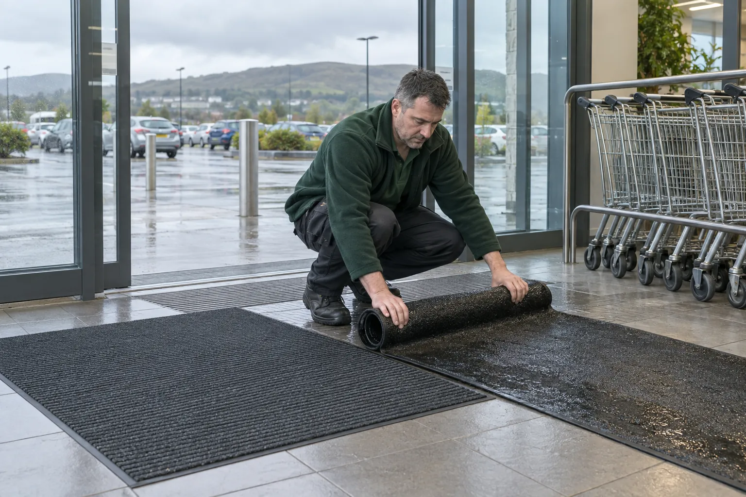 A cleaner laying a fresh entrance mat inside the glass doors of a supermarket on a wet morning, shopping trolleys lined up beside him.
