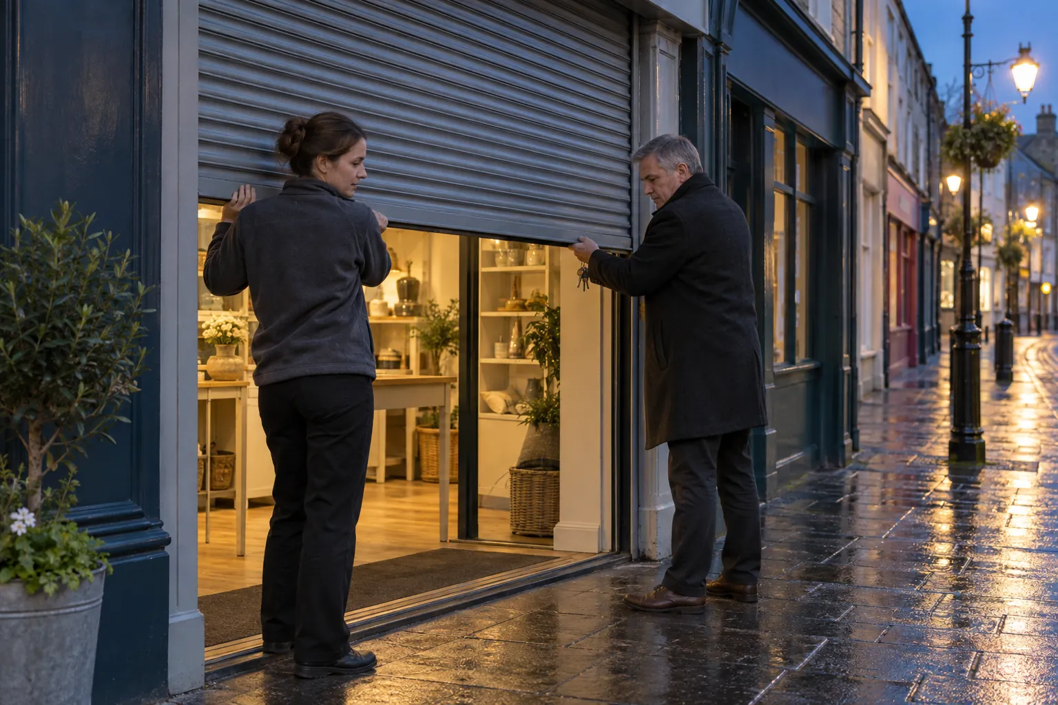 Two shop staff pulling down a roller shutter together at closing time on a town street at dusk.
