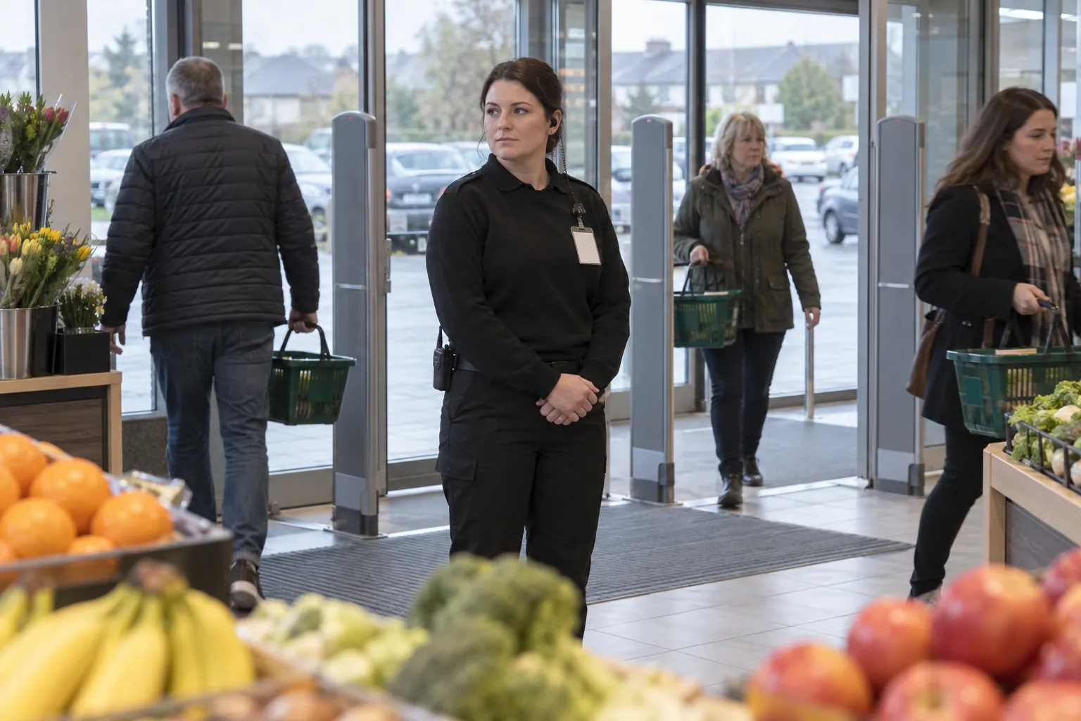 A security officer standing near the entrance of a supermarket as shoppers walk past the security gates.