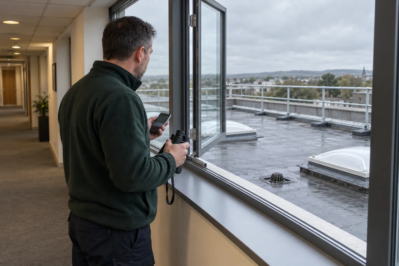 A caretaker at an upper corridor window with binoculars and a phone, looking down at a flat roof with rooflights and a guard-rail.