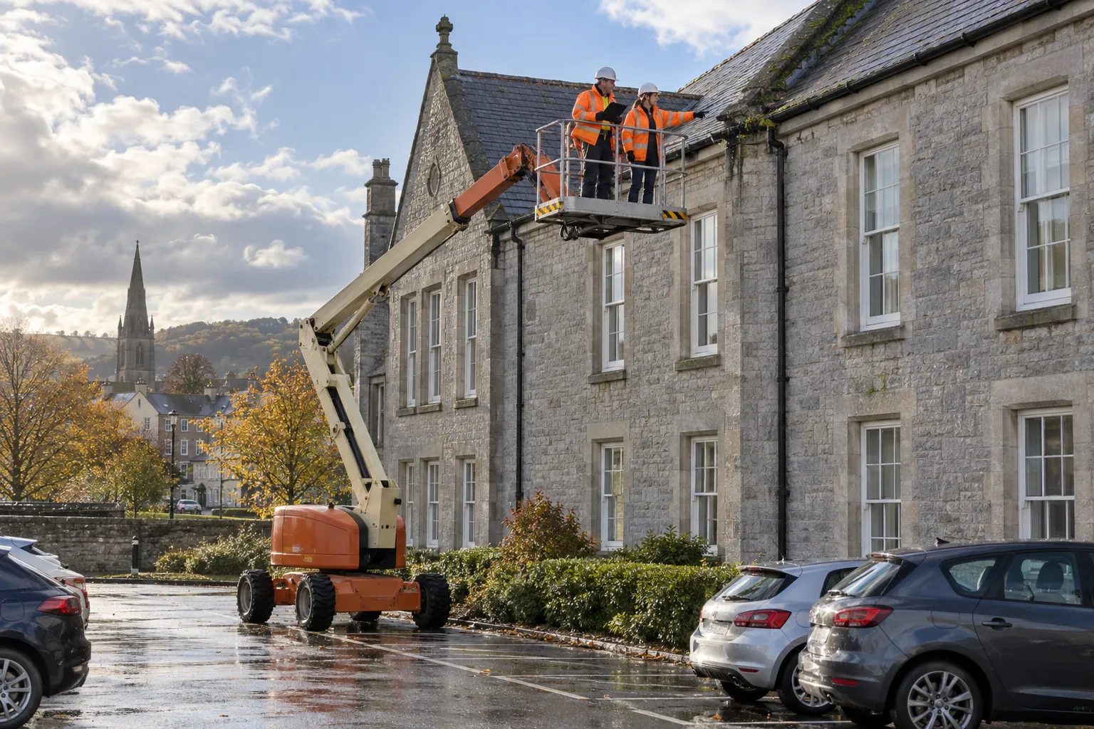 Two inspectors in hi-vis and helmets in a raised access platform beside a slate roof, one pointing at a gutter.