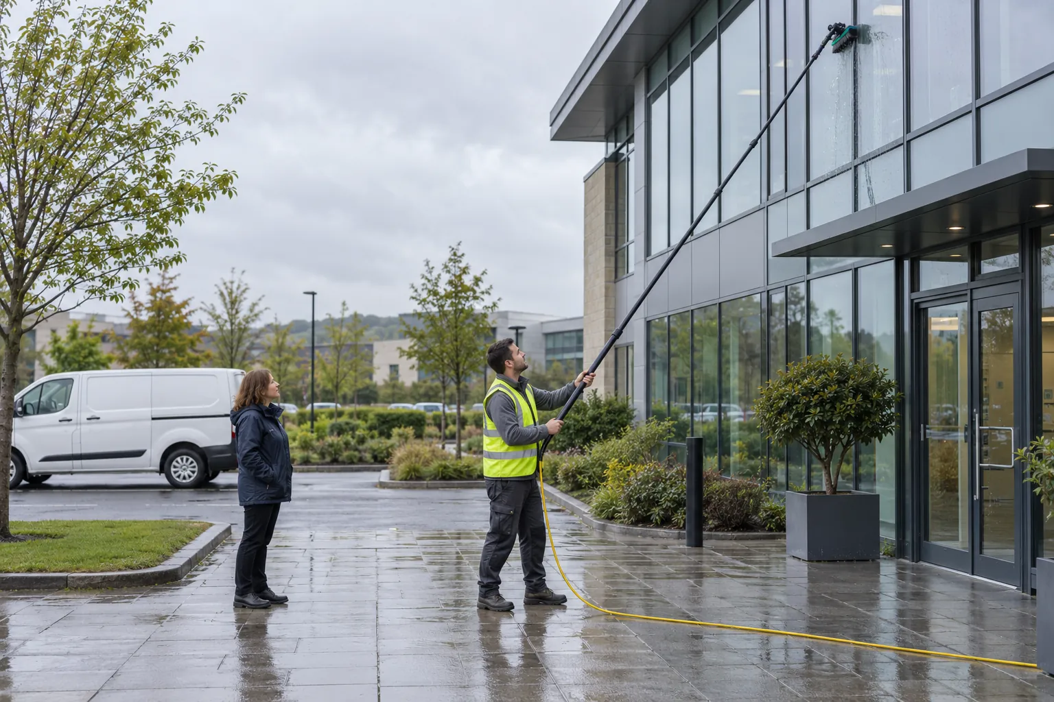 A window cleaner using a water-fed pole on an office building's first-floor glazing while a facilities manager looks on.