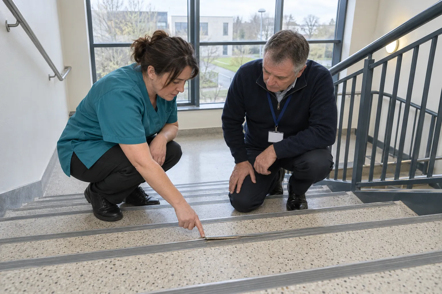 A cleaning operative pointing out a loose stair nosing to a facilities manager on a college staircase.