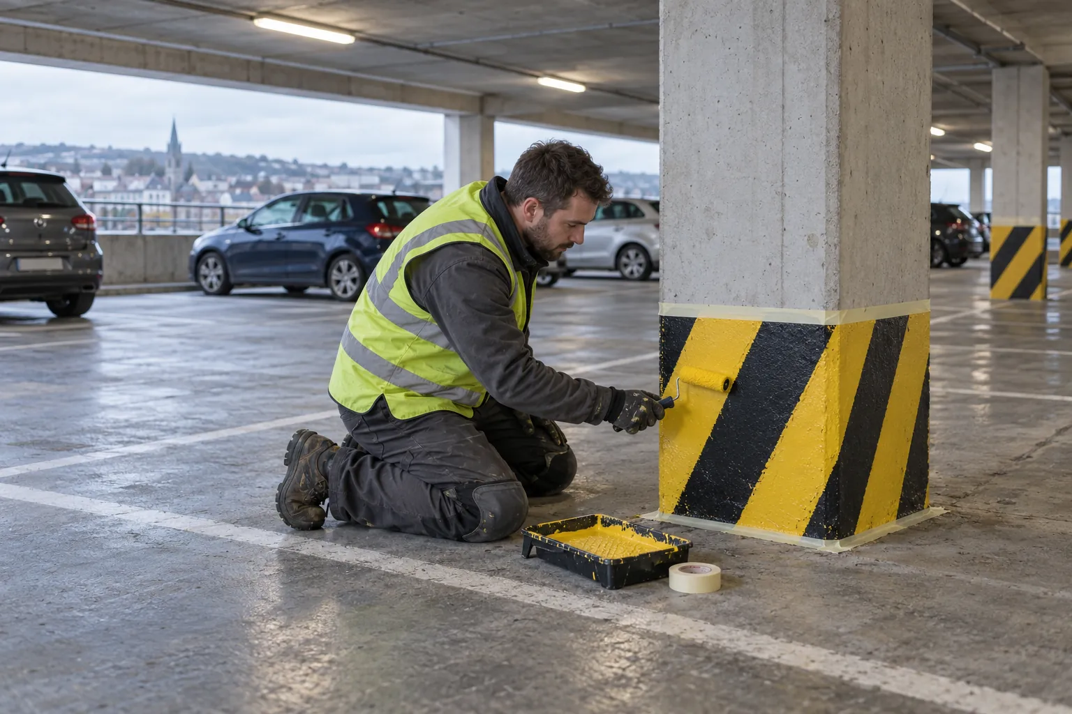 A maintenance worker in a hi-vis vest painting yellow and black hazard stripes on a car park column.