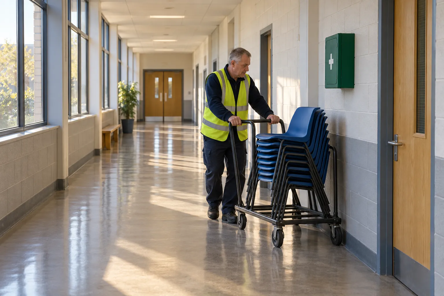 A caretaker wheeling stacked chairs against a school corridor wall to keep the route clear.