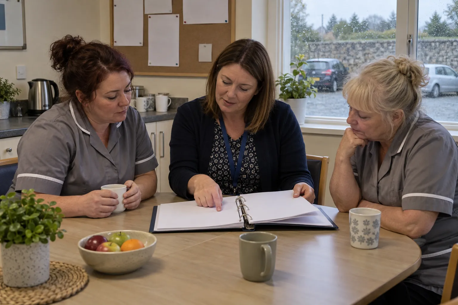 A facilities manager going through an open binder with two cleaning staff at a staff room table, a window onto a wet car park behind them.