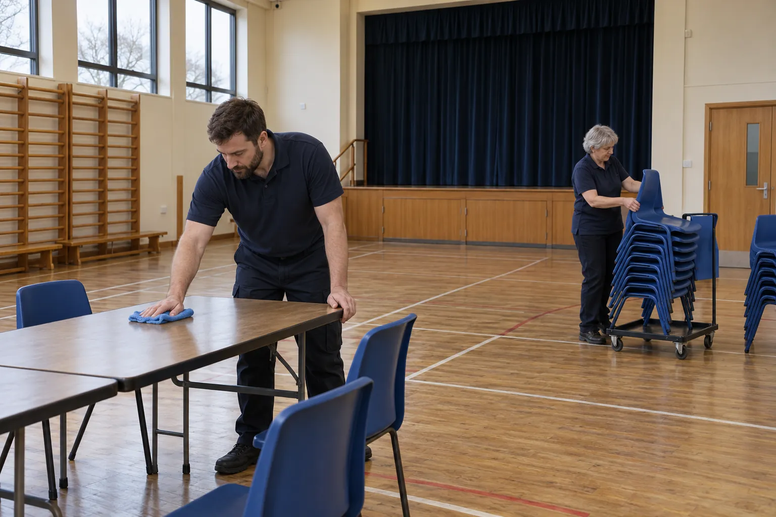 Two cleaners in a school hall after lunch, one wiping a folding table and one stacking plastic chairs onto a trolley.
