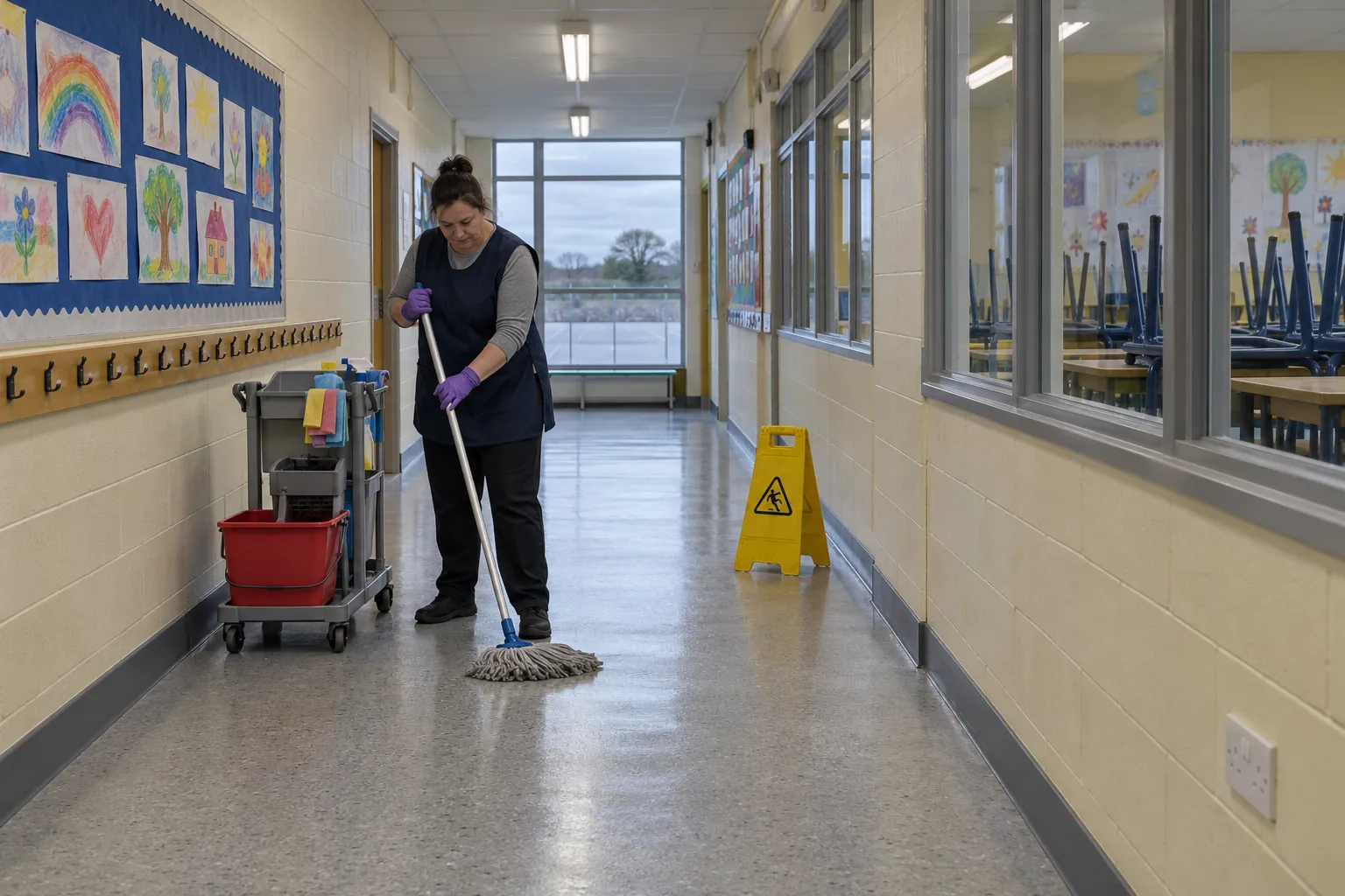 A cleaner mopping a school corridor after hours beside a wet-floor sign and a cleaning trolley, chairs stacked on desks in the classrooms behind the windows.