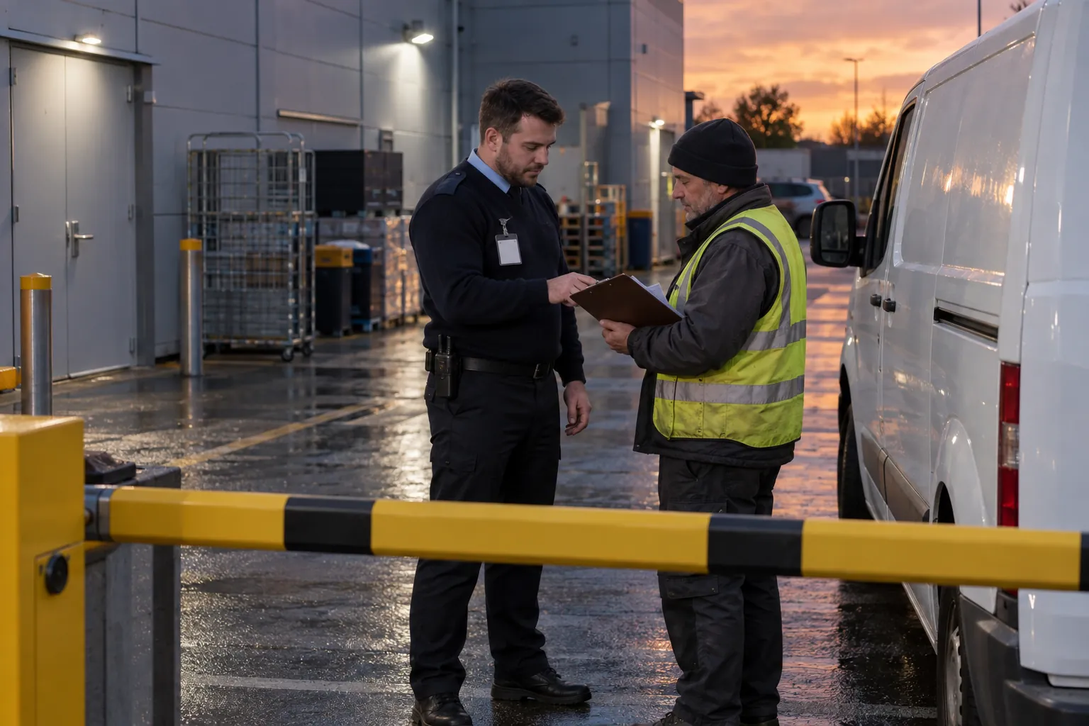 A security officer at a service yard barrier checking a delivery driver's paperwork beside a van at dusk.