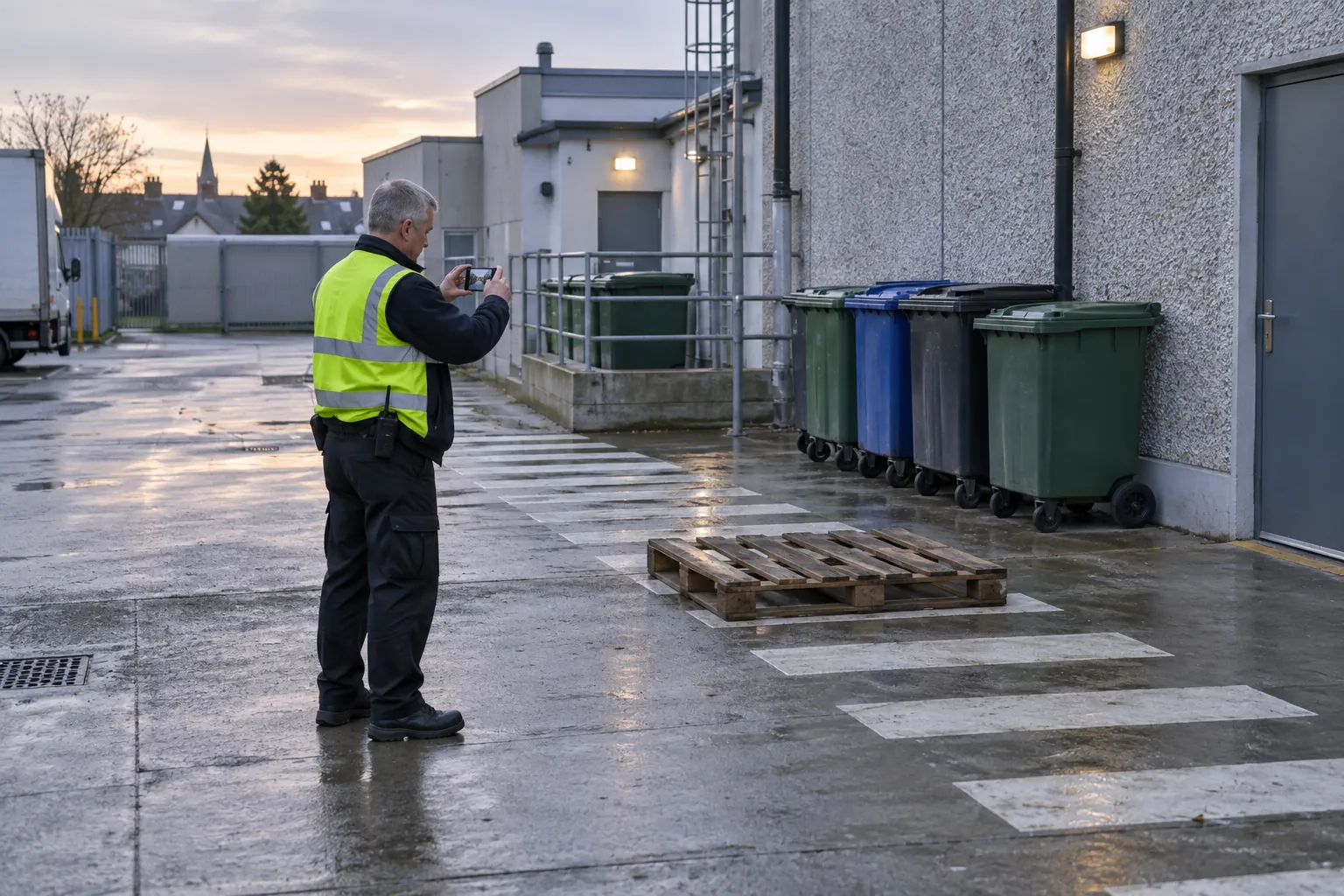 A security officer photographing a pallet left across a walkway in a shopping centre service yard at dawn.