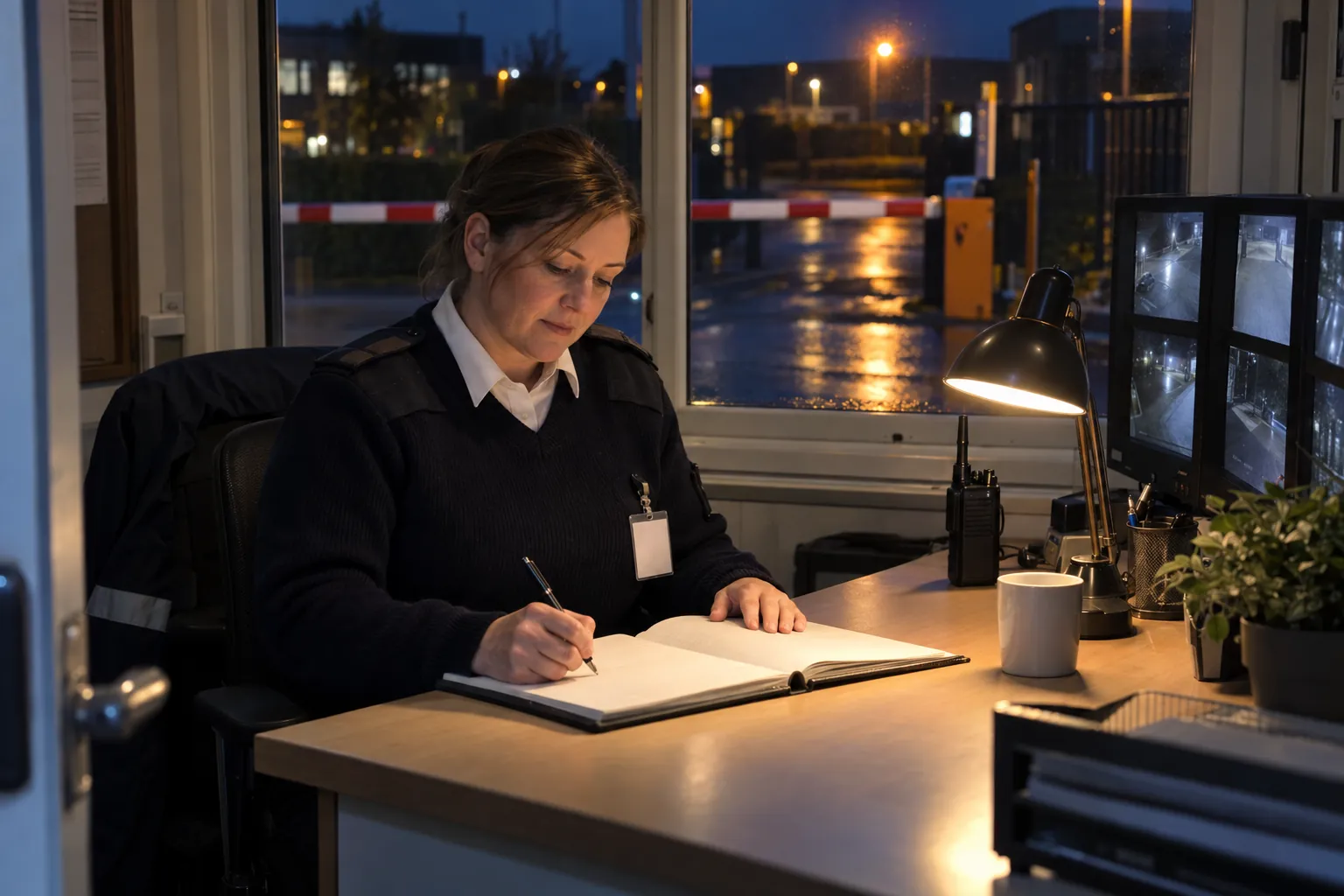A security officer writing in a book at a gatehouse desk at night, a radio and CCTV monitors beside her and a barrier outside the window.