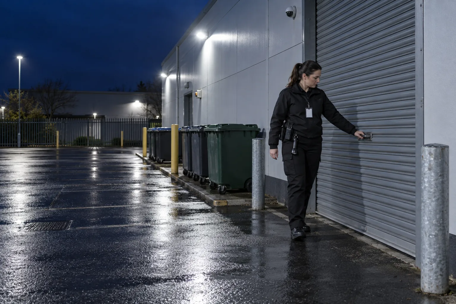 A security officer testing a roller shutter in a floodlit service yard at night.