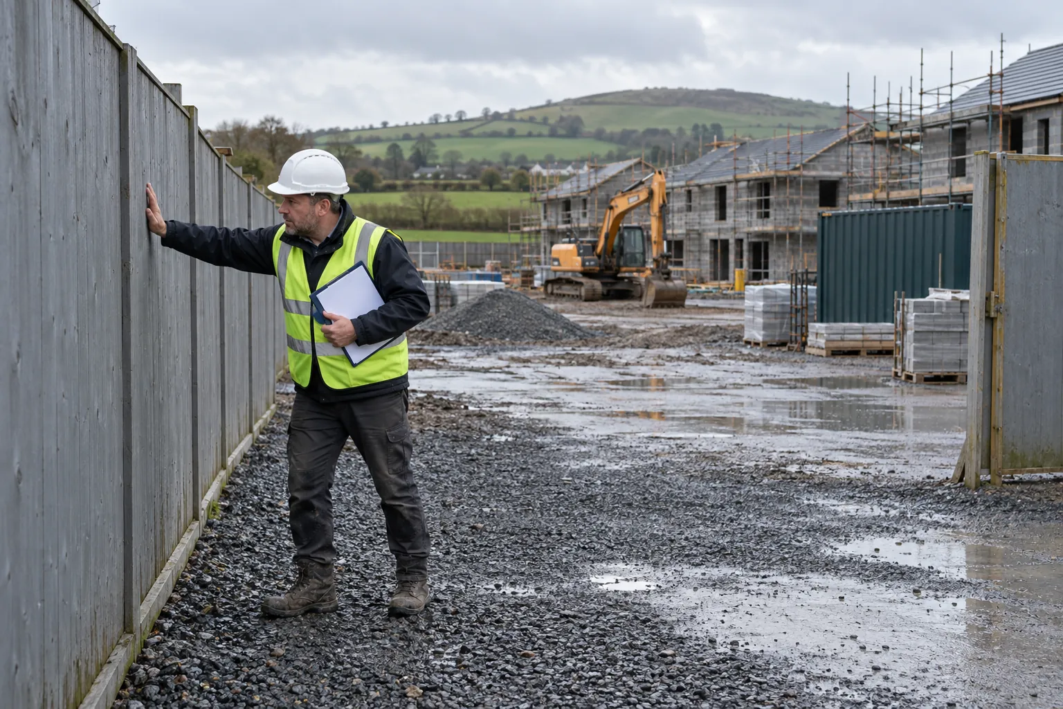 A site manager checking the hoarding of a housing site on a damp morning.