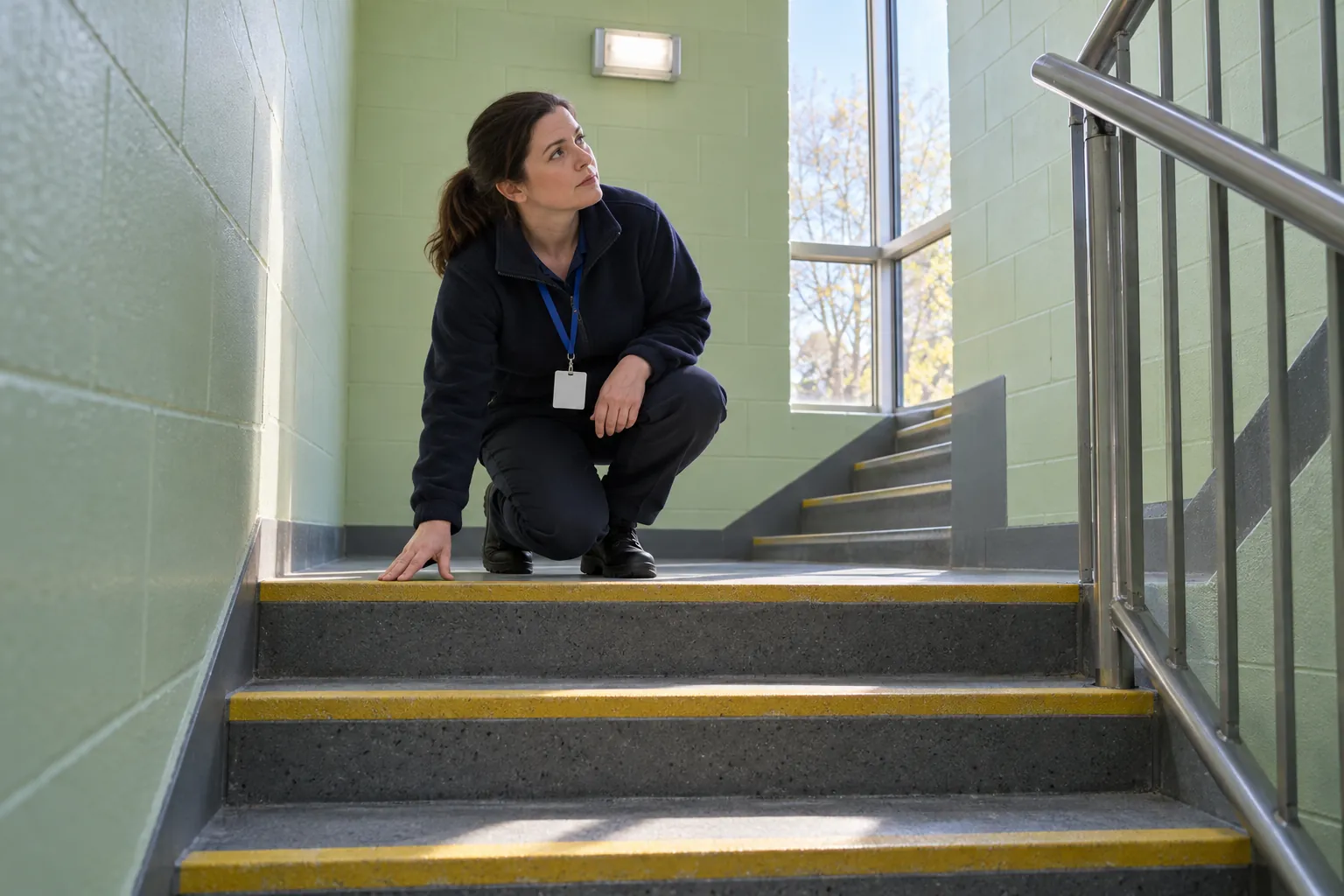 A woman crouching on a school stairwell landing to check the edge of a step, a handrail beside her and a window above.