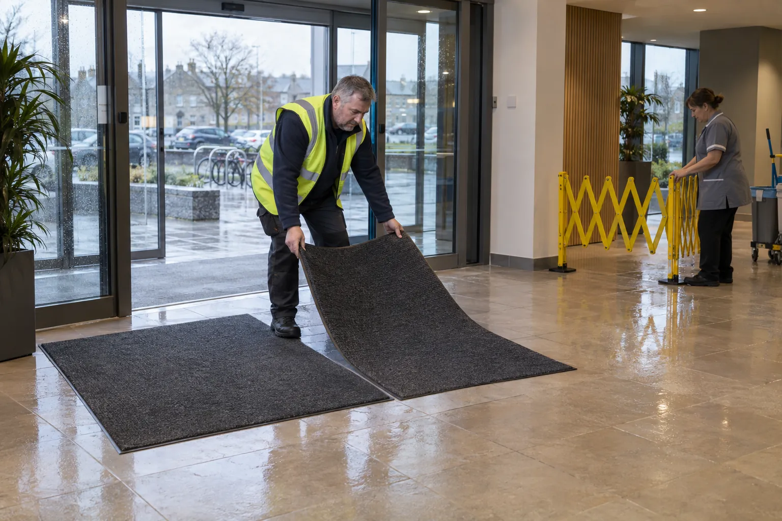 A caretaker laying an extra mat inside a rain-streaked office entrance while a cleaner puts a barrier around the wet floor.