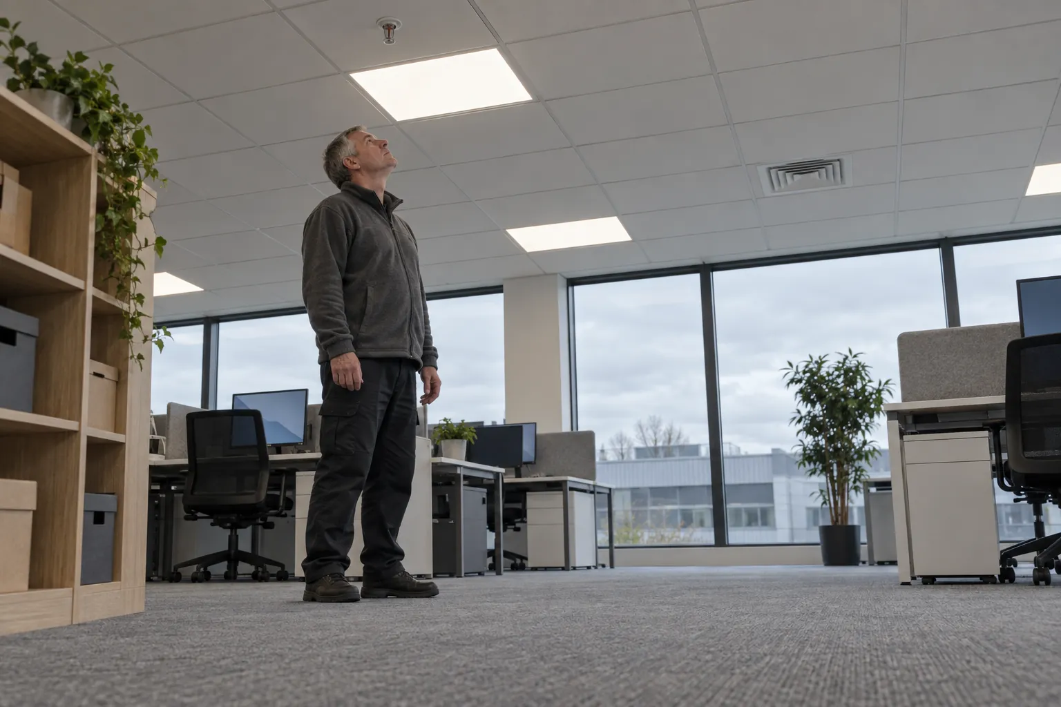 A caretaker in an open-plan office looking up to check a ceiling sprinkler head beside a light panel.