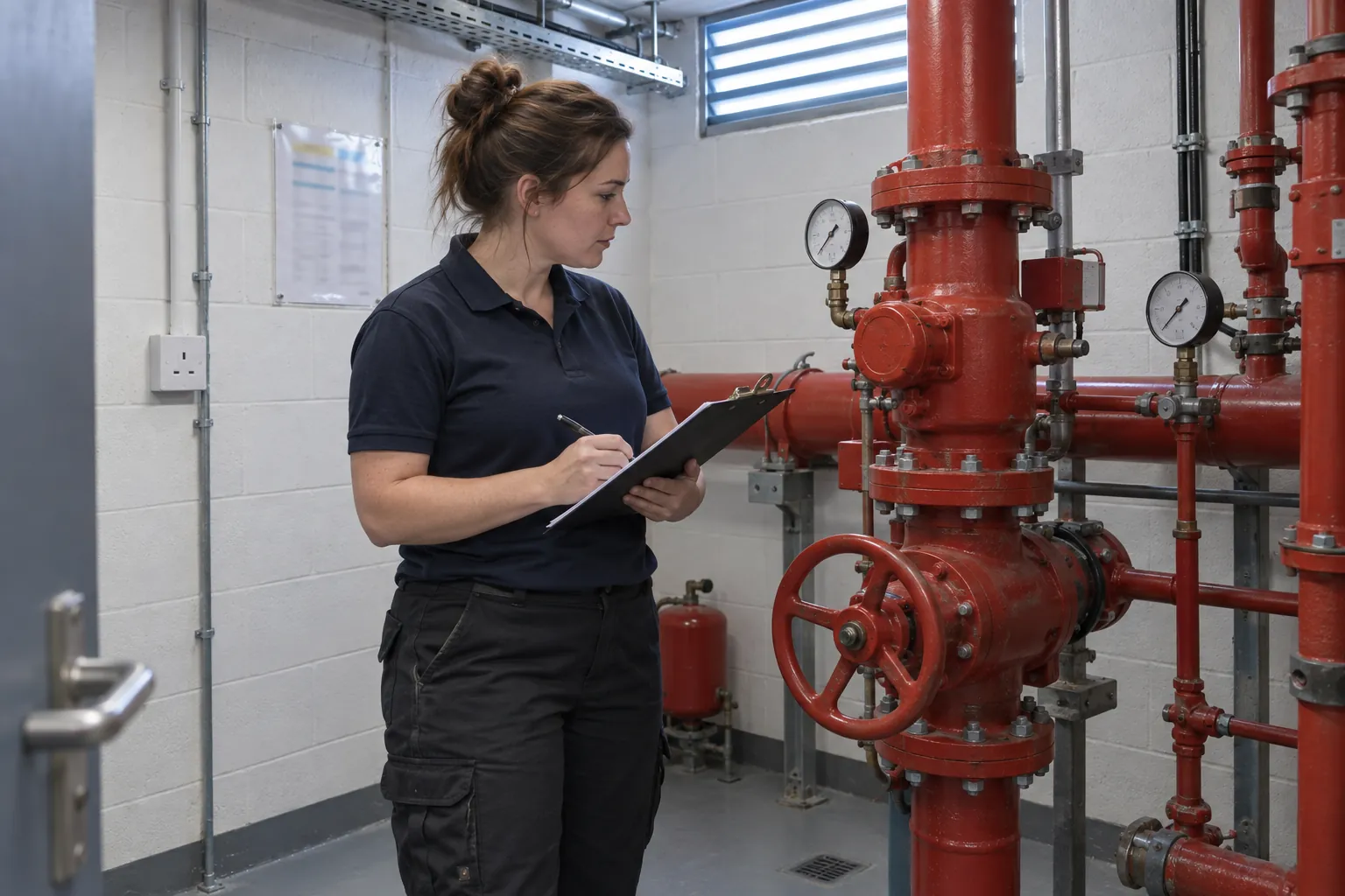 A facilities technician reading a pressure gauge on a red sprinkler valve set in a plant room and noting it on a clipboard.