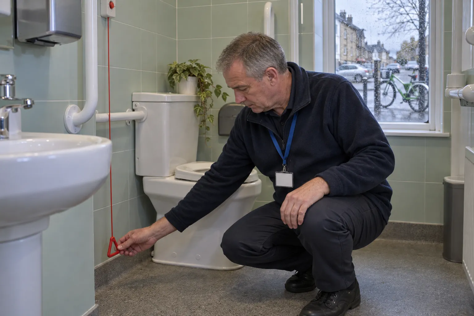 A supervisor crouching to check the alarm cord in an accessible toilet, grab rails on the wall beside him.
