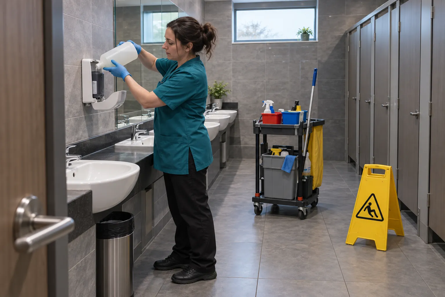 A cleaner refilling a soap dispenser above a row of basins in a shopping centre toilet, a cleaning trolley and wet floor sign beside her.