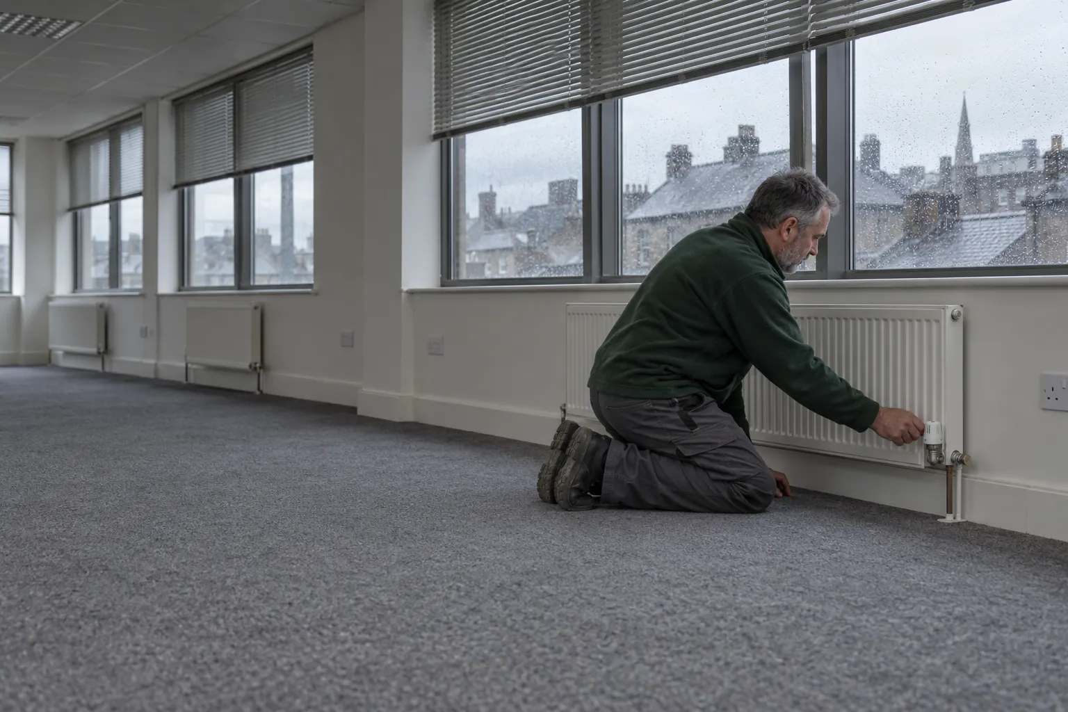 A caretaker kneeling to check a radiator valve on an empty office floor on a rainy day.